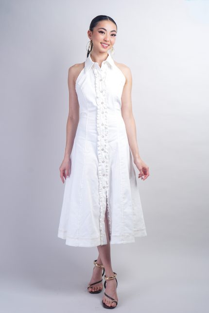 White Ruffle Trim Halter Collar Denim Dress with Belt