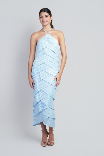 LT Blue Pleated Over lapping  Strap Halter Dress