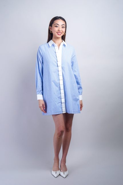 Blue Pin Stripped Contrast Shift Shirt Dress