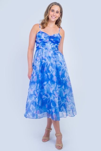 Blue Pink Organza Fit and Flare Midi Dress