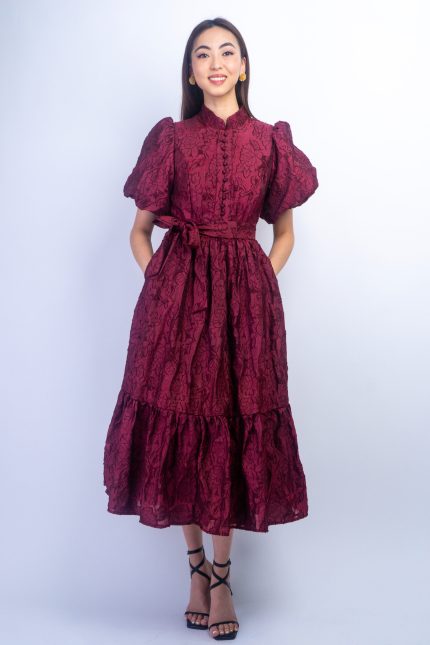 Oxblood Mock Puff Sleeve Maxi Dress