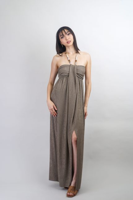 Stone Beaded Halter Slit Maxi Dress