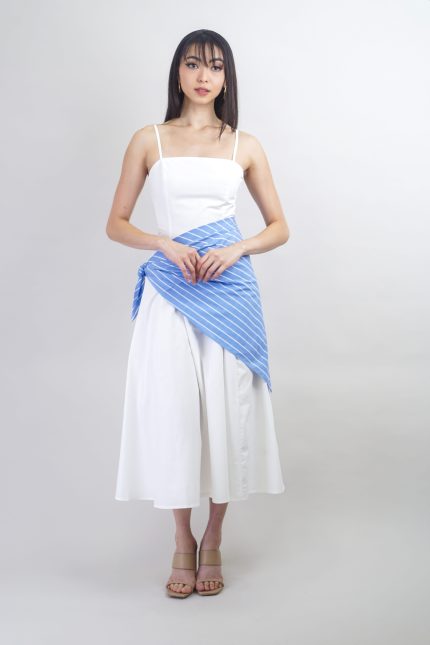 White Midi Dress With Blue Striped Scarf